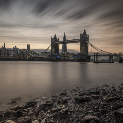 London tower bridge at sunset from the river thames